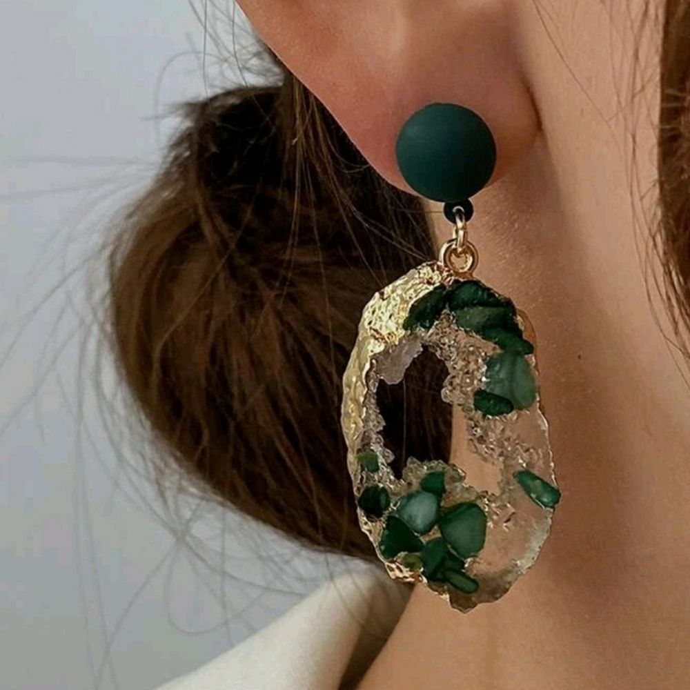 Geo Green Crystal Resin Drop Gold Statement Earrings